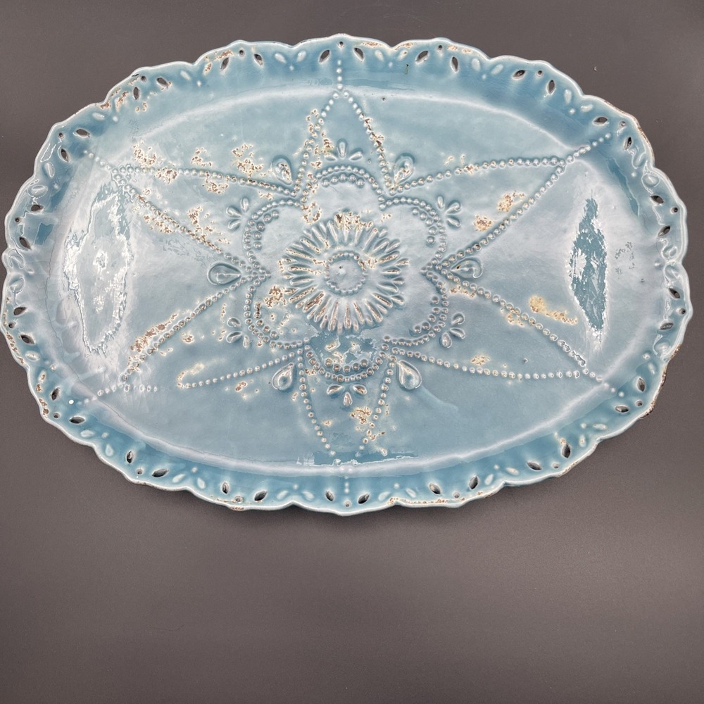 Vintage Majolica Style Turquoise Oval Serving Platter Pierced Rim Embossed Decor